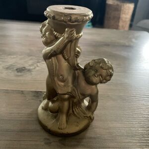 Vintage Corneli? 5”Tall gold tone heavy metal Double Cherub Candle Holder # 1237